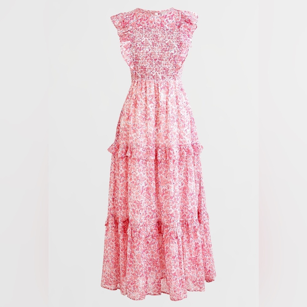 Banjanan Pink Floral Smocked Maxi Dress XS Cottagecore Boho Tiered